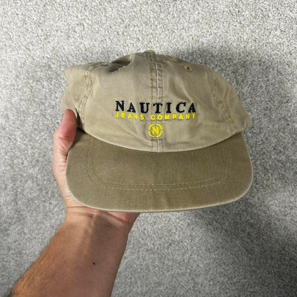 Vintage 90s Nautica jeans co khaki tan ball cap hat OSFA